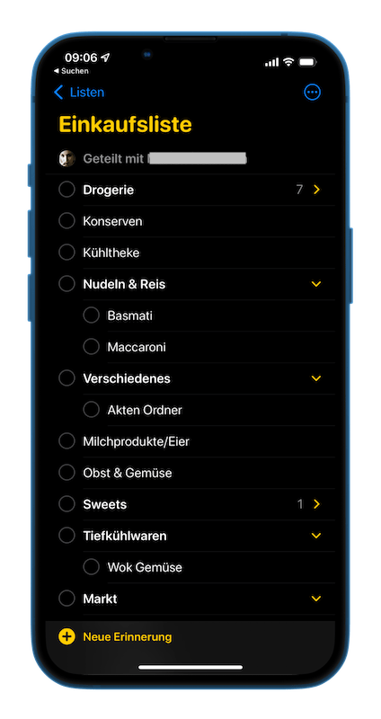 Geteilte Einkaufsliste in der Erinnerungen App